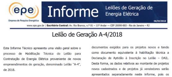 LEILÃO REALIZADO EM 2018 Leilão A-4 / 2018 04 de abril de