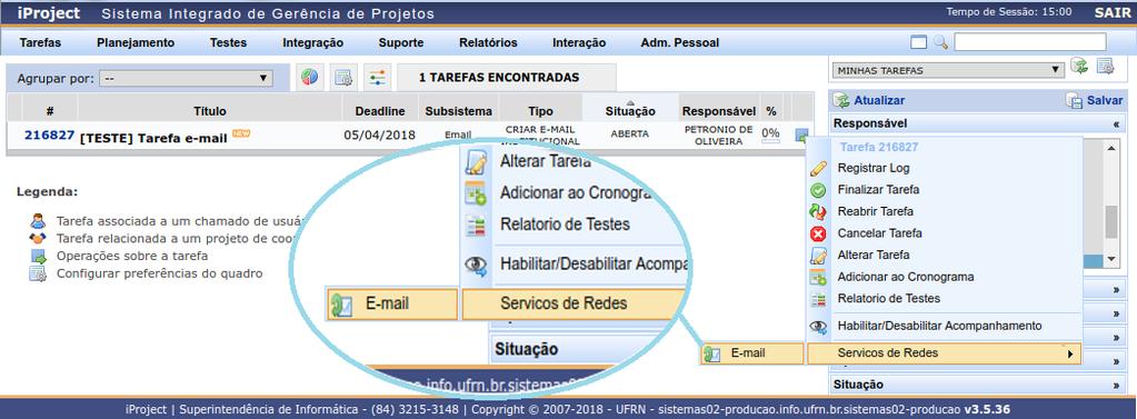 serviços de E-mail aberta, é possível, ao clicar no botão Operações sobre a Tarefa, iniciar uma instância de um processo BPM. E então, as variáveis, os conectores e as tarefas tornam-se habilitadas.