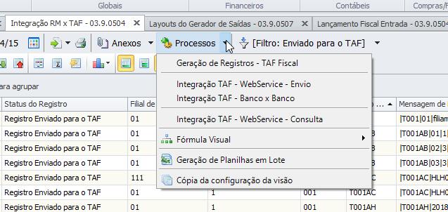 O processo de integração RM X TAF Foram criados vários processos para auxiliar na integração das informações para o TAF 1.