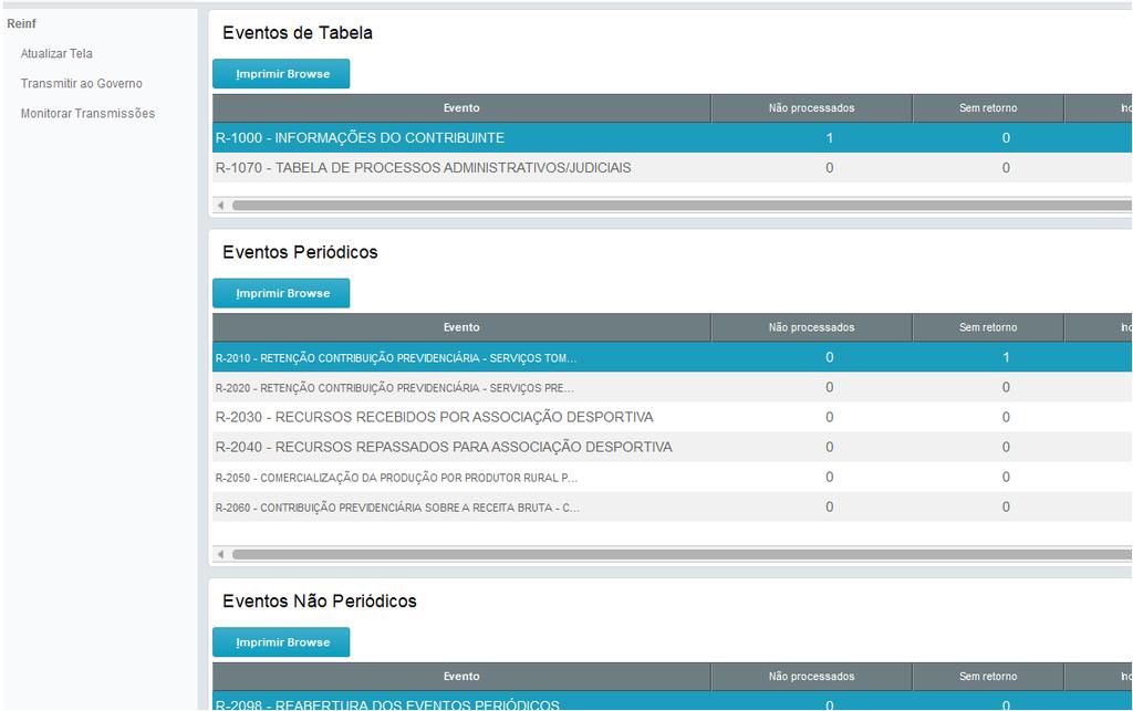 Processamento da REINF no TAF No monitor de Transmissão os