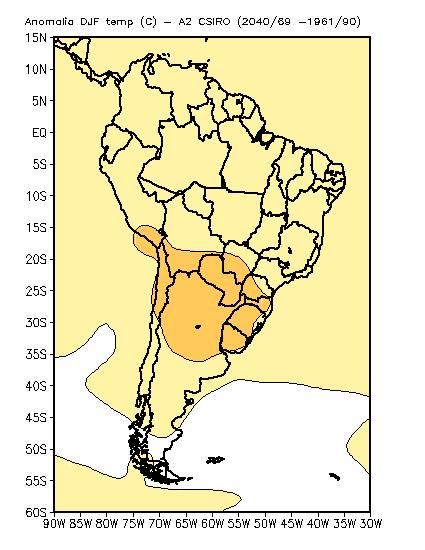 Projeções de anomalias de temperatura para DJF com referência ao período base 1961-9 para América do Sul Os modelos são os CCCMA, GFDL, HadCM3 e CCSR/NIES Os