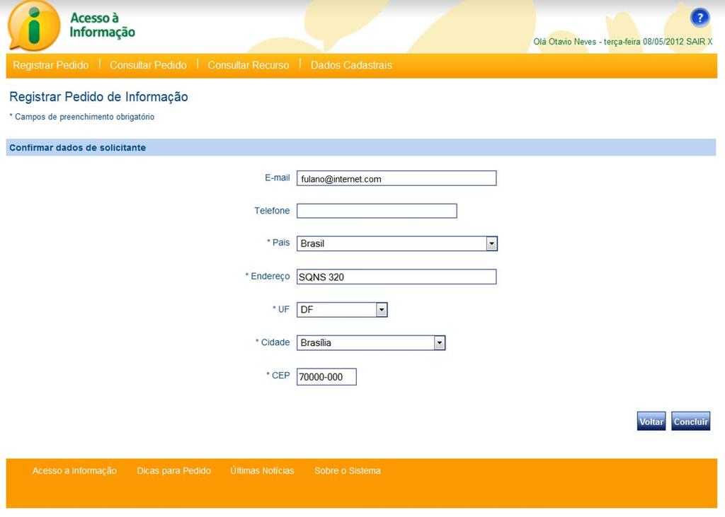 Registar pedido Antes de concluir, o e-sic solicita que você confira seus dados.