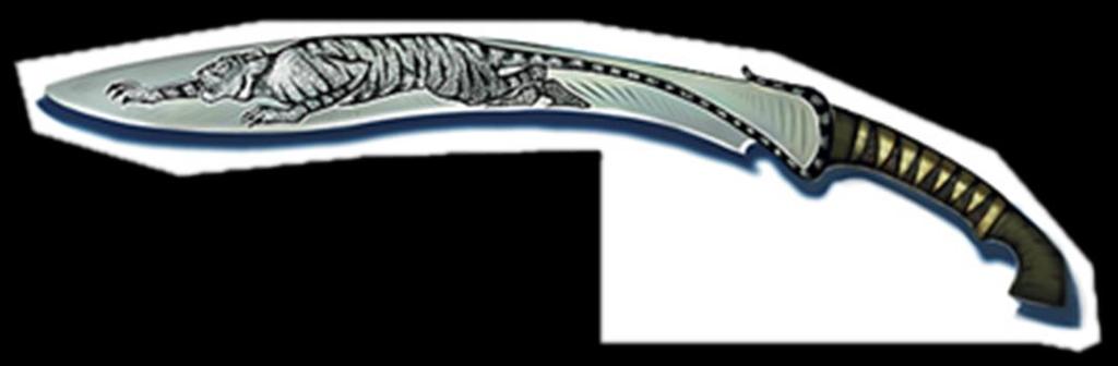 PRESA DE TIGRE (GARRA DE TIGRE) A lâmina de aço Presa de Tigre tem gravado um estilizado tigre cujas garras e dentes sinalizam sua lâmina afiada.