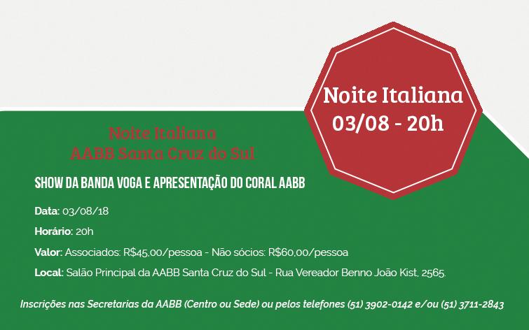 Noite Italiana No dia 03 de Agosto, a partir das 20h, ocorrerá no Salão Principal da nossa Sede a já tradicional Noite Italiana.