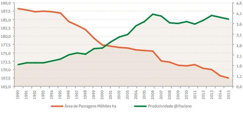 Evolução da área de pastagens no Brasil e produtividade.