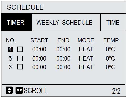 Pressionar,,, para definir e ajustar o tempo, o modo de funcionamento e a temperatura pretendida. É possível efectuar 6 períodos de programação distintos.