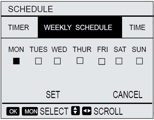 Quando activa a programação horária semanal no ecrã do controlador é apresentado o ícone. Seleccionar os dias em que se pretende efectuar a programação.