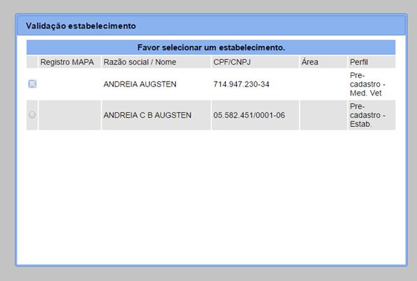 Caso a janela Validação estabelecimento apareça, selecione o perfil Pré-cadastro Med.