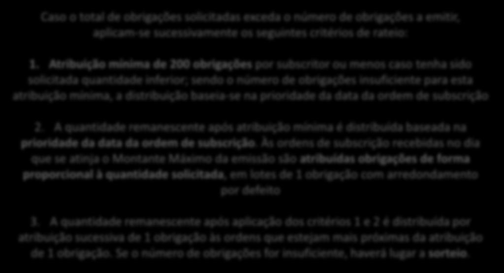 distribuição baseia-se na prioridade da data da ordem de subscrição Critérios de Rateio e Arredondamento 2.