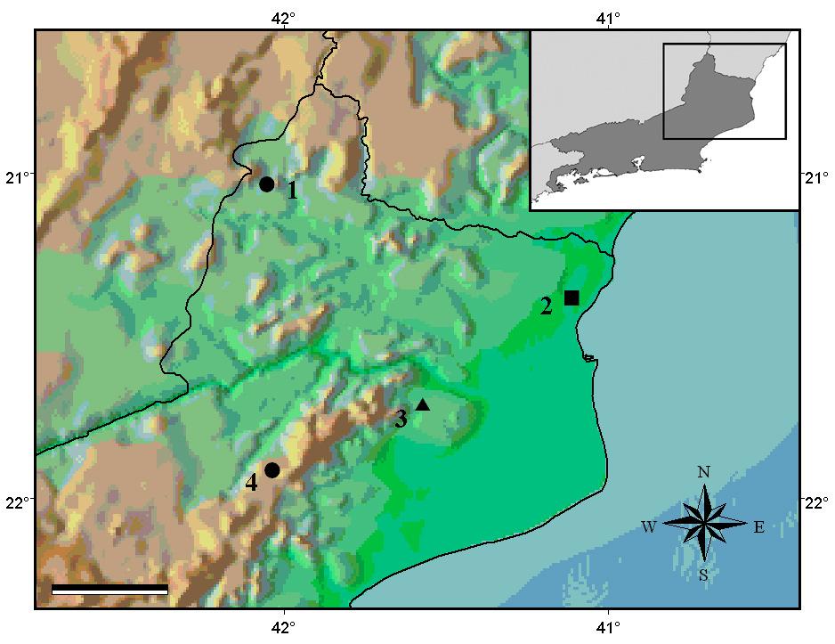 234 A. L. Silveira et al. FIGURA 4: Localidades de registro de Rhinella pombali e R. crucifer (círculo), R. crucifer (triângulo) e R. ornata (quadrado) no Estado do Rio de Janeiro, Brasil.
