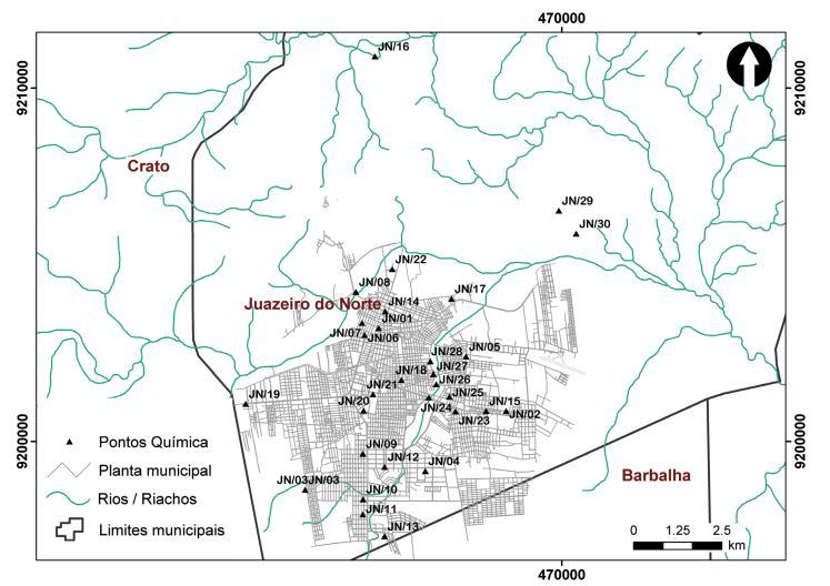 Figura 03 Localização dos postos de amostragem no município de Juazeiro do Norte.