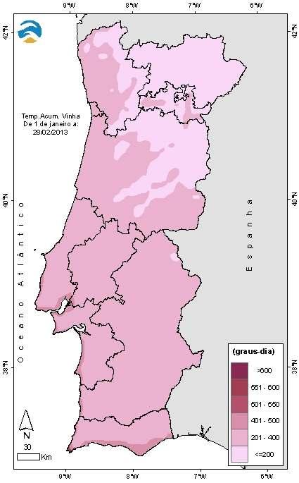 3.2 Temperaturas acumuladas para a cultura da Vinha Na Figura 9 apresenta-se a distribuição espacial da temperatura acumulada para a vinha entre 01 de janeiro e 28 de fevereiro de 2013, para Portugal