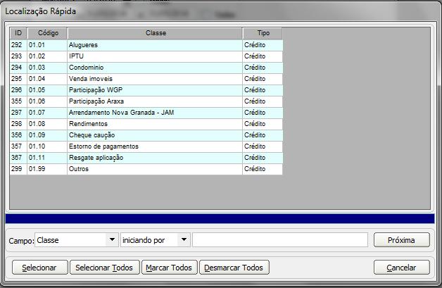 A clicar na segunda grande mstrada na imagem acima, será exibida a tela para seleçã de uma u várias classes, cntend as seguintes clunas: ID, Códig, Classe e Tip.