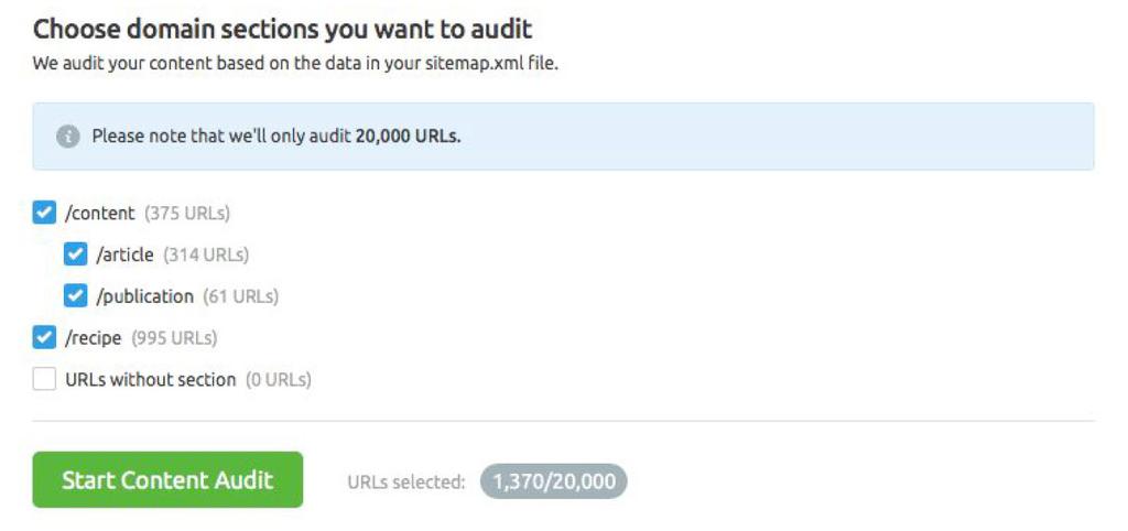 7 / 43 Na ferramenta Auditoria de Conteúdo, você pode monitorar cada uma dessas métricas em dinâmica. Para começar a usá-la, configure a ferramenta (1) selecionando as subpastas do arquivo sitemap.