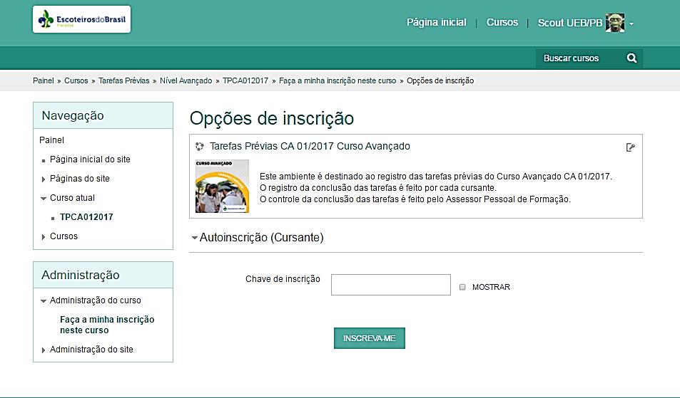 16) Na nova página que será exibida, digite a chave de inscrição do curso desejado e clique em INSCREVA-ME.