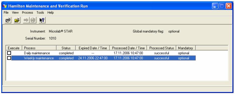 Janela principal Maintenance and Verification Run 2. Selecionar a rotina de manutenção desejada clicando na caixa de checagem específica e pressionado o botão Run Process.
