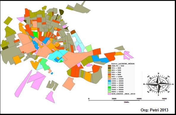 Figura 02 - Mapa de Distribuição Espacial da População por Bairros. Fonte: IBGE (2010); P. M. R. (2013).