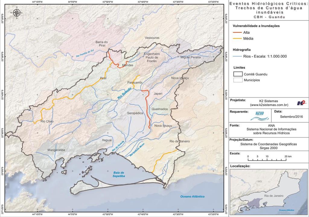 Figura 19 Mapa de Trechos de Cursos d água inundáveis dos municípios da RH II. Fonte: SIGA-Guandu.
