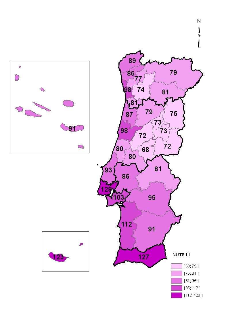 Índice do Valor Médio de Avaliação Bancária de Habitação NUTS III (País = 100) Análise das Áreas Metropolitanas A Área Metropolitana de Lisboa registou um valor médio de avaliação de 1251 euros/m 2,