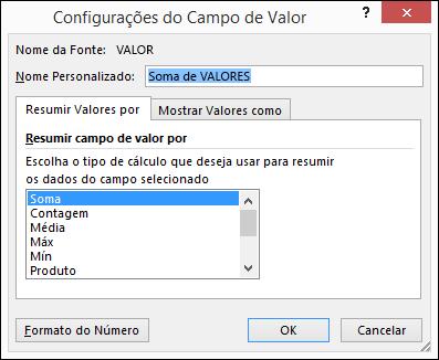 Em seguida, altere o cálculo na seção Resumir Valores por.