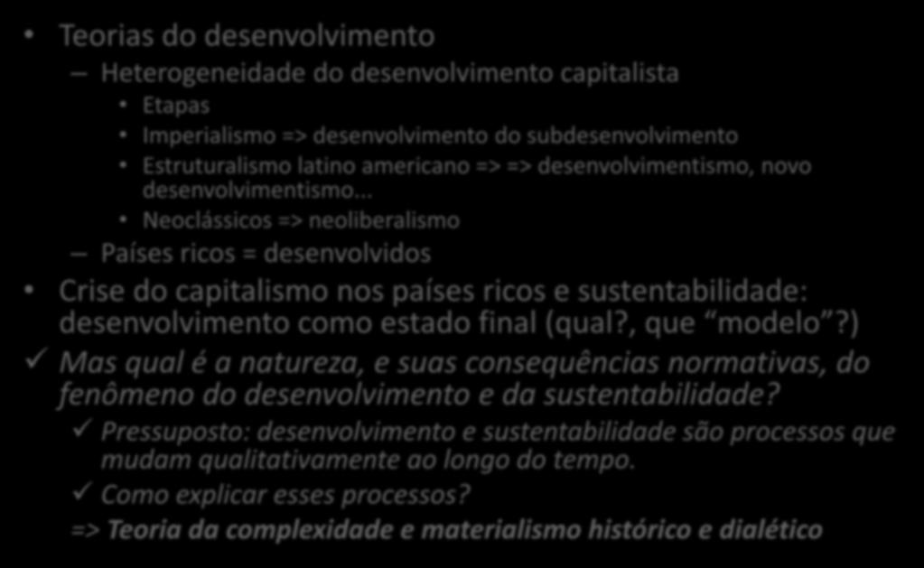 Introdução Teorias do desenvolvimento Heterogeneidade do desenvolvimento capitalista Etapas Imperialismo => desenvolvimento do subdesenvolvimento Estruturalismo latino americano => =>
