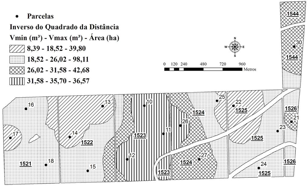 Técnicas geoestatísticas e interpoladores espaciais na estratificação de povoamentos... 547 (a) (b) FIGURA 4: Estratificação obtida por meio do IQD (a) e da Krigagem (b) para o projeto J2.