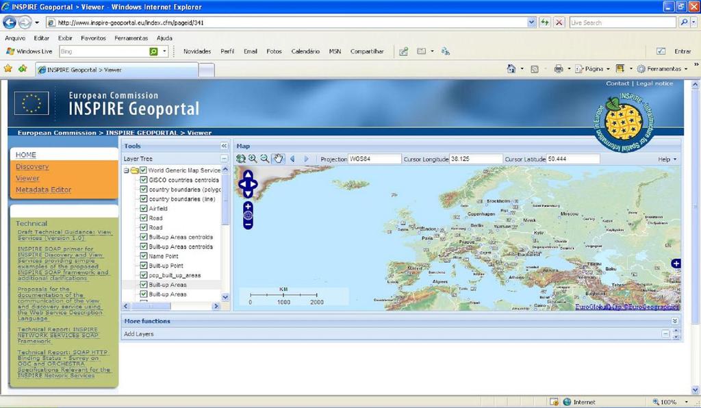 Na Figura 02 pode-se observar a estrutura do Geoportal do projeto INSPIRE, na Europa. Figura 02: Estrutura do Geoportal INSPIRE. Fonte: http://www.inspire-geoportal.eu/index.