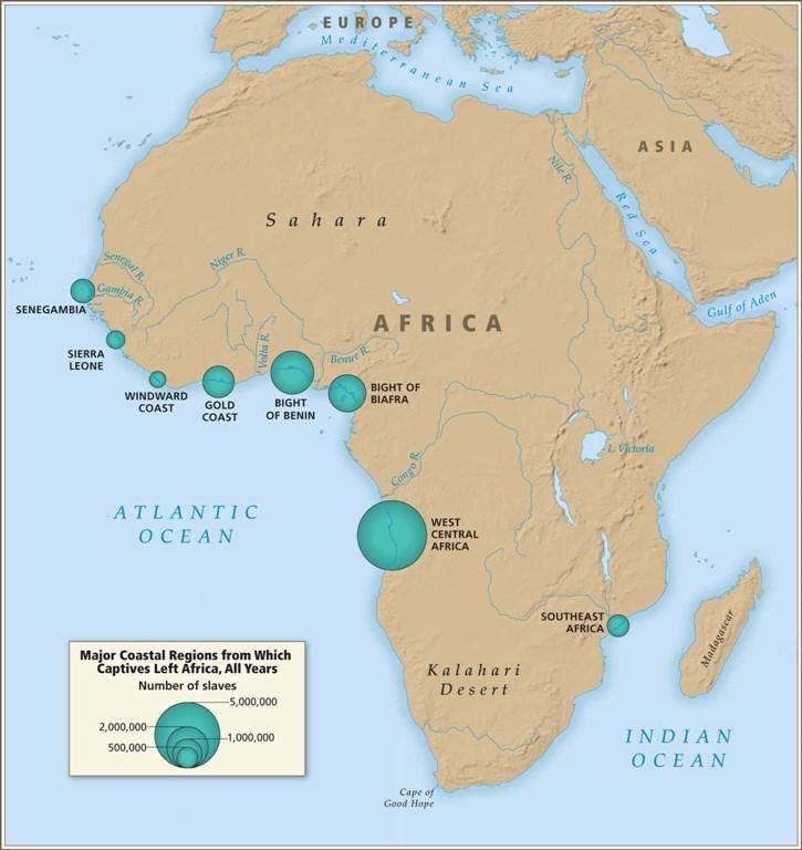 Principais regiões costeiras a partir do qual prisioneiros deixaram a África As regiões mostradas aqui são "Senegâmbia", Serra Leoa, a Costa do Ouro, a Costa ou Golfo do Benin, a África Ocidental e