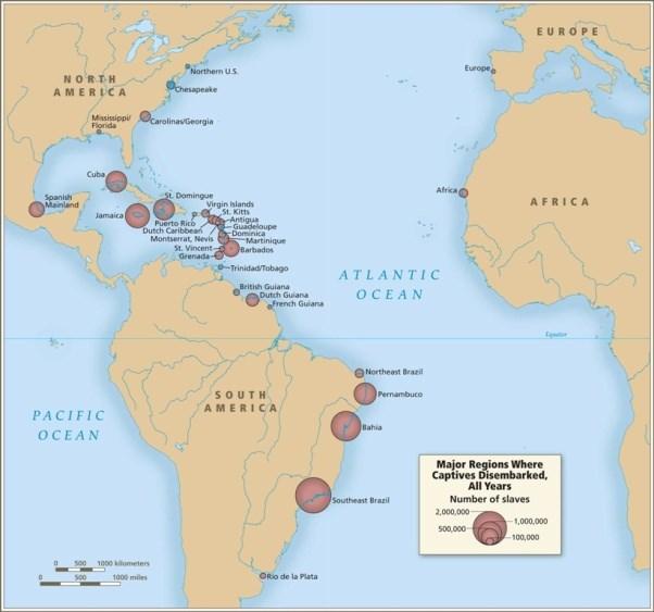 Principais regiões onde cativos desembarcaram O Caribe e a América do Sul receberam 95 % dos escravos que chegam nas Américas.