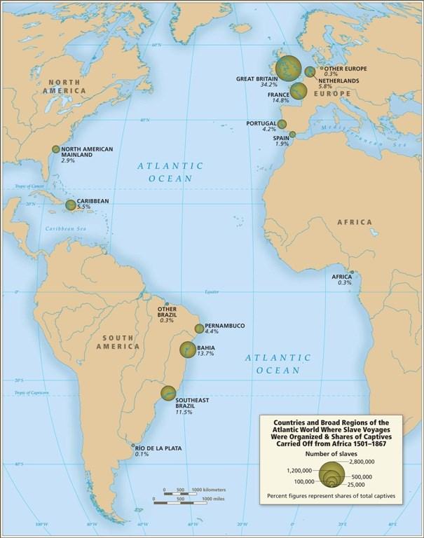 Regiões do mundo Atlântico organizadoras das viagens de comércio de escravos Viagens de escravos foram organizadas a partir dos principais portos do Atlântico ao longo dos quase quatro séculos do