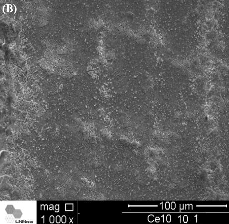 Figura 45: Micrografias obtidas por FEG para os tratamentos: (A) T10_10 (sem imersão em solução contendo nióbio); (B) T10_10_1, (T10_10