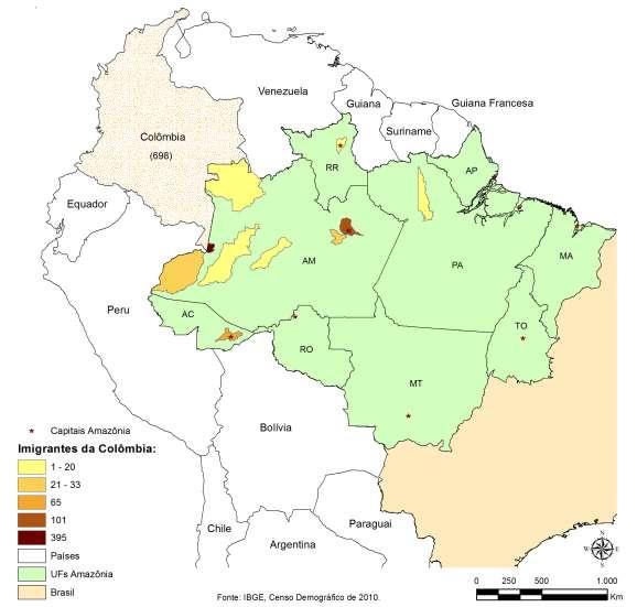 Mapa 4: Distribuição dos colombianos com chegada nos municípios da Amazônia em 2005-2010 Com o intuito de detalhar ainda mais o local de moradia dos migrantes internacionais, as principais cidades de
