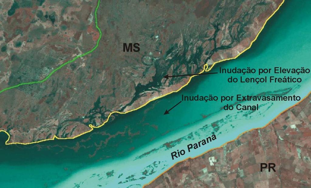 Figura 2 Composição colorida LANDSAT 5 de 17/01/1990 mostrando as áreas de inundação por extravasamento e por elevação do freático.