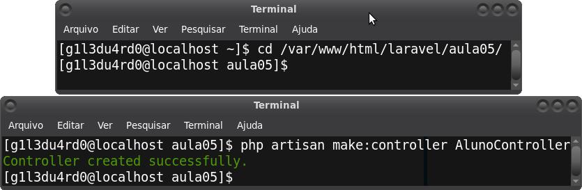 Criando Controllers via artisan: (Esse procedimento deve ser feito via terminal, dentro da pasta da aplicação) Ao criarmos um projeto em Laravel o artisan é instalado