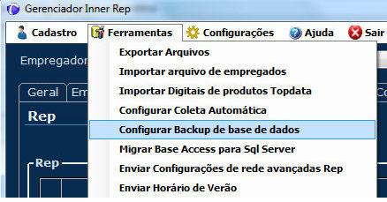 5.13.4 Configurar Coleta Automática Ver capítulo 5.9 deste manual. 5.13.5 Configurar Backup da base de dados Permite efetuar um backup do banco de dados do Gerenciador Inner Rep, toda vez que o Gerenciador é fechado.