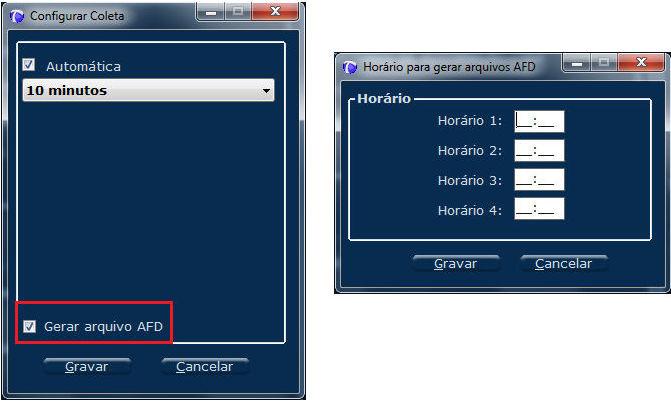 Entretanto se houver algum tipo de coleta configurada, seja ela do tipo "Automática" ou "Programada", a opção para salvar o arquivo AFD, por exemplo a cada 10 minutos, somente será válida se a opção