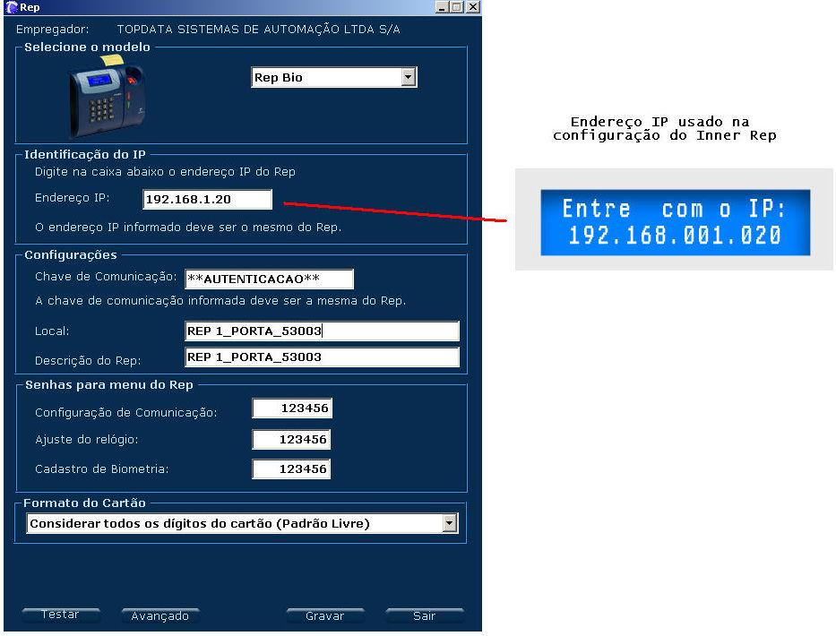 Através da opção "Ferramentas", "Enviar Configurações Avançadas Rep", selecione o modo de