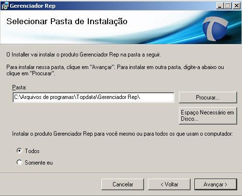 Para alterar o diretório onde será instalado clique no botão "Procurar" (Mudar diretório). O caminho padrão para a sua instalação é C:\Arquivos de programas\topdata\gerenciador Rep.