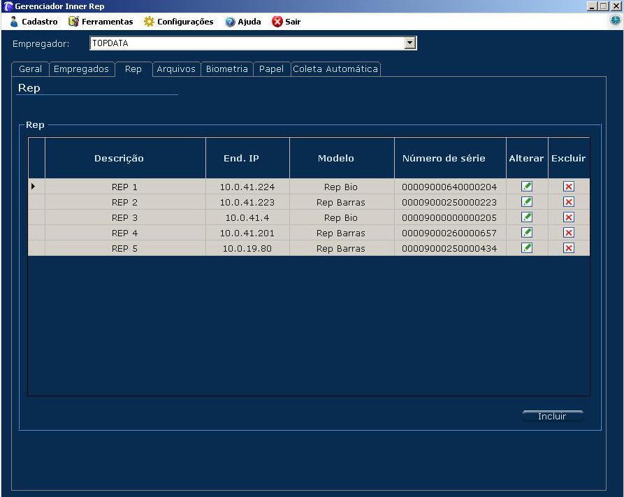 5.6 Rep Use a guia Rep para cadastro e configuração do Inner Rep. Lembre-se de antes selecionar o empregador correto na caixa de seleção localizada logo abaixo do menu.