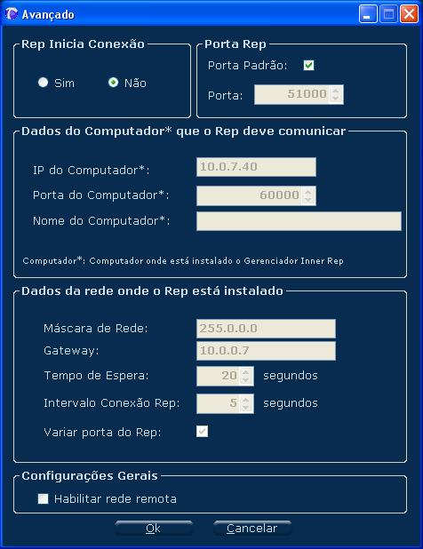 Rep Inicia Conexão: Não: Opção padrão. Nesta configuração, o Gerenciador inicia conexão com o Rep. Sim: Rep inicia conexão. Para maiores detalhes sobre Rep iniciar conexão, consulte o capítulo 12.