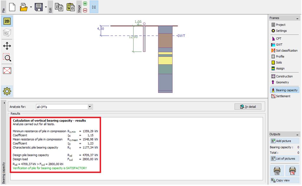 Agora, volte à janela Capacidade de carga, para visualizar os resultados da análise. Caixa de diálogo Verificação Capacidade de carga vertical EN 1997-2: Rc, d 4709.37 kn Fs, d 2800.