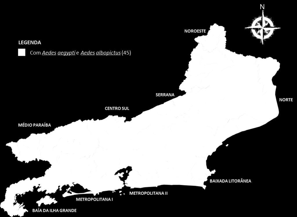 No mapa acima estão evidentes os municípios onde há a presença simultânea dos vetores em áreas urbanas, fato que acentua o grau de risco de transmissão, principalmente, da Febre de Chikungunya.