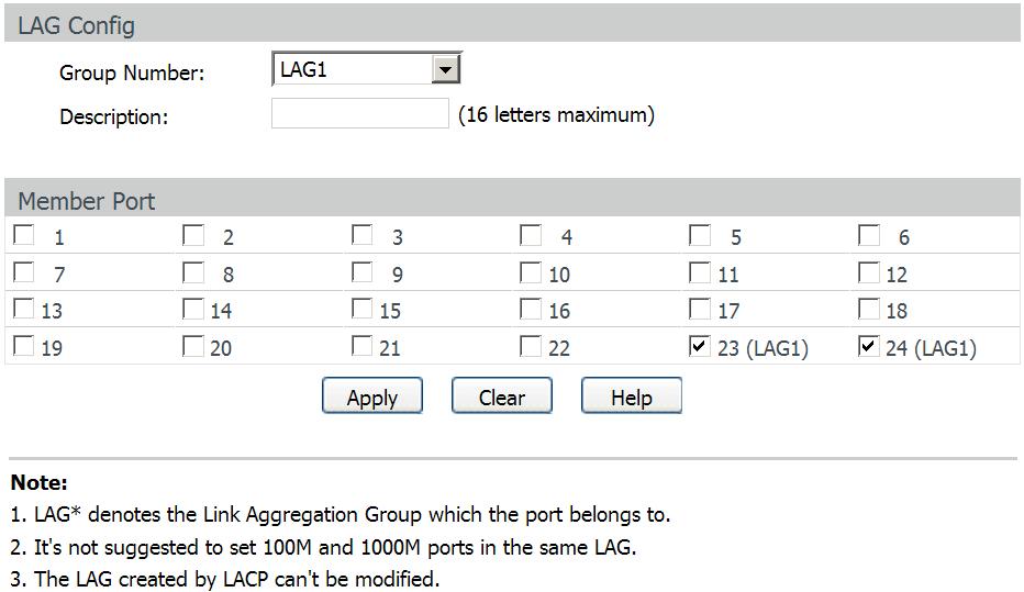LAG table Select: selecione o grupo LAG desejado. Nesta opção é possível selecionar mais de um grupo simultaneamente. Group number: exibe o número do grupo LAG.