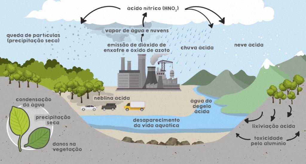Chuvas ácidas Causadas pelo excesso de óxidos de S e N emitidos pela queima de combustíveis fósseis; Misturados à umidade, formam os ácidos sulfúrico e nítrico, que reduzem o