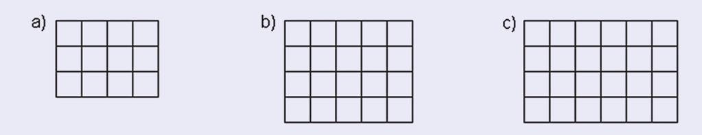 Em cada retângulo a seguir, calcule a quantidade de quadradinhos e expresse esta quantidade por meio de uma multiplicação.