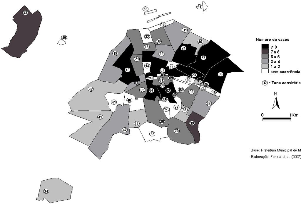 148 Fonzar Figura 1. Distribuição espacial das residências das vítimas nas zonas censitárias por acidentes de trânsito em Maringá 1999, 2000 e 2001.