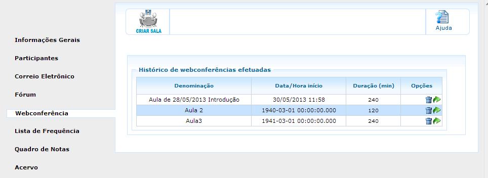 Figura 3. Listagem do histórico das salas de webconferência criadas em uma atividade de ensino. Figura 4. Interface de criação de uma nova sala de webconferência no SAV.