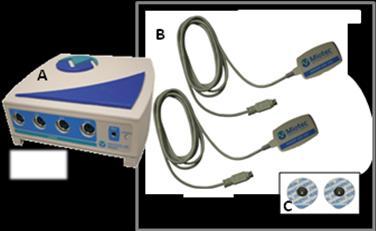 30 Figura 14 - A. Eletromiógrafo de 4 canais; B. Sensores; C. Eletrodo condutor e adesivo Fonte: Miotec Equipamentos Biomédicos Ltda.