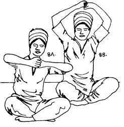 Sat Kriya: Sente-se sobre os calcanhares, com os braços esticados sobre a cabeça (9A). Prenda os dedos, exceto para os dois dedos indicadores que apontam para cima (9B).