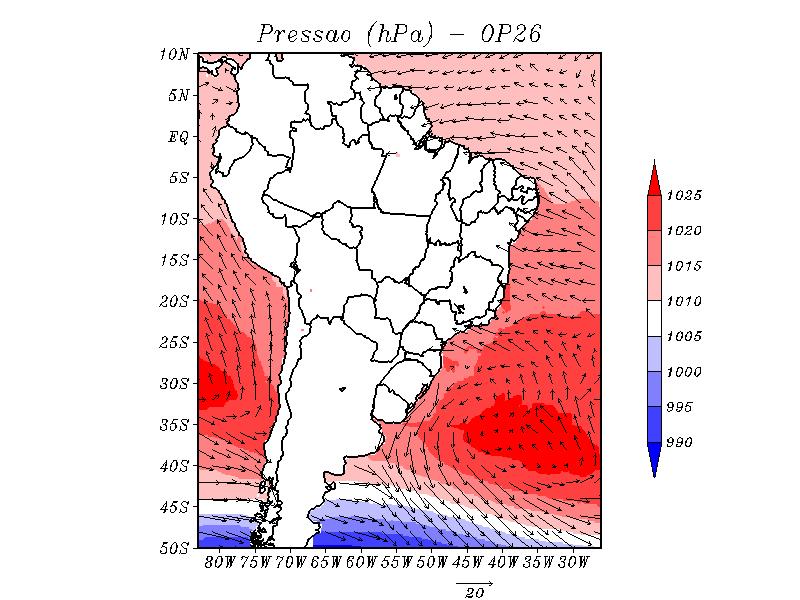 Figura 5.6 - Campo de pressão ao nível do mar (hp a) em cores e vento em superfície (m/s). Para OP26 no período 16/10/2007 utilizando uma média entre os horários das 06 e 12 UTC.